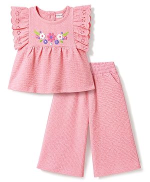 Babyhug Single Jersey Knit Sleeveless Top & Culottes  Set With Floral Detailing - Pink
