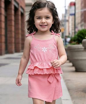 Babyhug Single Jersey Knit Sleeveless Top & Skorts Set With Floral Print - Pink