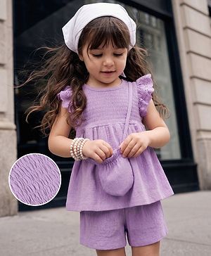 Babyhug 100% Cotton Single Jersey Knit Half Frill Sleeves Solid Textured Top & Shorts Set With Sling Bag - Lavender