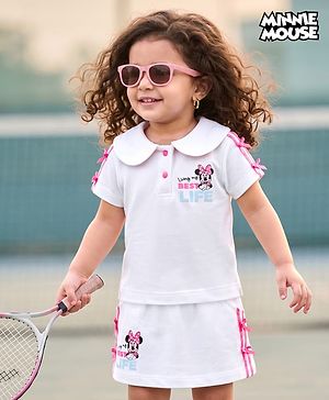Babyhug Disney Single Jersey Knit Half Sleeves Top & Skirt Set With Minnie Mouse Graphic - White & Pink