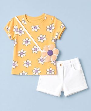 Babyhug Single Jersey Knit Half Sleeves Floral Printed T-Shirt & Shorts Set - Orange & White