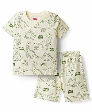 Babyhug Cotton Knit Half Sleeves Dino Printed Co-Ords T-Shirt & Shorts Night Suit - Cream