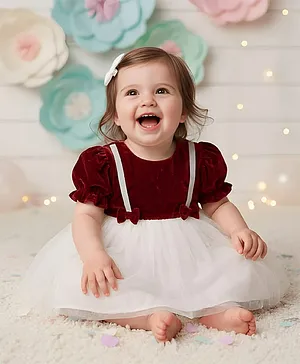 Foreverkidz Velvet Woven Half Sleeves
                              Bow Applique Detailed Dress - Maroon
