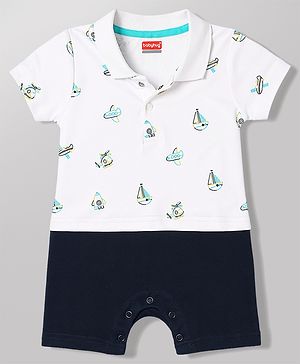 Babyhug 100% Cotton Knit Half Sleeves Vehicles Printed Romper - Multicolor