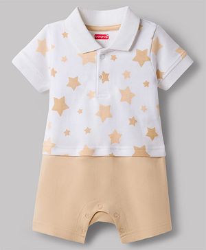 Babyhug 100% Cotton Knit Half Sleeves Star Printed Romper - Peach