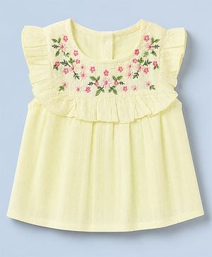 Babyhug 100% Cotton Woven Sleeveless, Frill Sleeves Dobby Top With Floral Embroidery in Beige