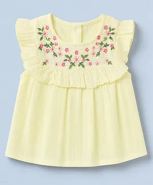 Babyhug 100% Cotton Woven Sleeveless, Frill Sleeves Dobby Top With Floral Embroidery in Beige