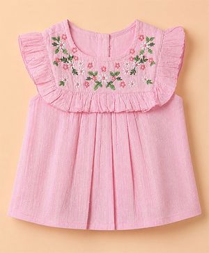 Babyhug 100% Cotton Woven Sleeveless, Frill Sleeves Dobby Top With Floral Embroidery in Pink