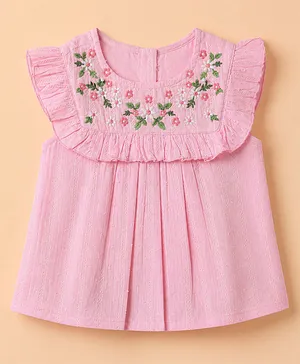 Babyhug 100% Cotton Woven Sleeveless, Frill Sleeves Dobby Top With Floral Embroidery in Pink