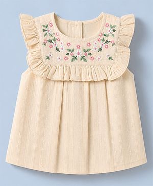 Babyhug 100% Cotton Woven Sleeveless, Frill Sleeves Dobby Top With Floral Embroidery in Cream