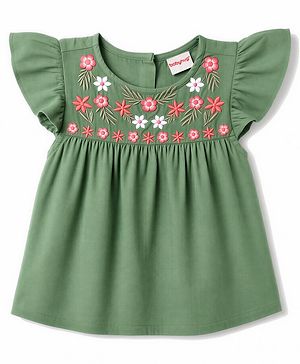 Babyhug 100% Cotton Woven Crepe Half Sleeves Floral Embroidered Top - Green