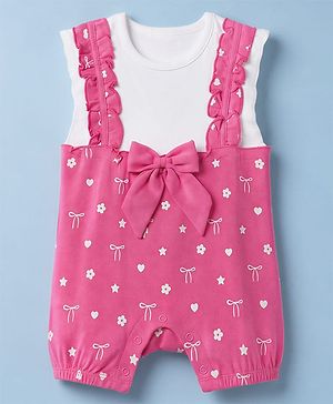 Babyhug 100% Cotton Interlock Knit Half Sleeves Bow & Floral Printed Romper - Pink