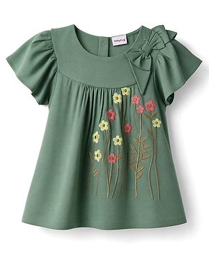 Babyhug Crinkled Crepe 100% Cotton Woven Half Sleeves Top with Floral Embroidery - Olive