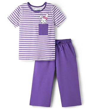 Pine Kids Cotton Knit Half Sleeves T-Shirt & Capri Striped Night Suit With Bunny Print - Purple & White