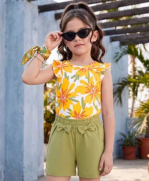 OLLINGTON ST. Cotton Knit Printed
                              Sleeveless Top & Shorts Set -
                              Multicolour & Olive