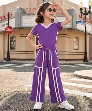 OLLINGTON ST. Sinker Knit Half
                              Sleeves Top & Flared Culottes -
                              Purple