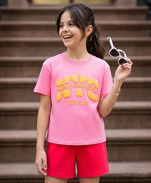 Pine Kids Cotton Knit Half Sleeves Top & Shorts Set With Text Print - Pink & Red