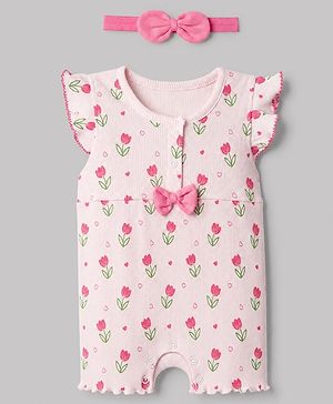 Babyhug 100% Cotton Interlock Knit Full Sleeves Romper with Floral Print & Hairband - Pink