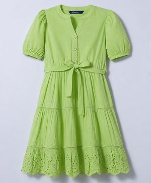 Pine Kids 100% Cotton Woven Half Sleeves Tiered Frock With Belt - Lime Green