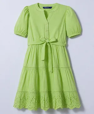 Pine Kids 100% Cotton Woven Half
                                  Sleeves Tiered Frock With Belt - Lime
                                  Green
