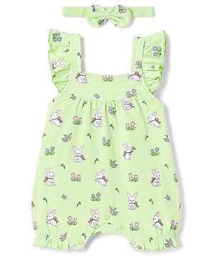 Babyhug 100% Cotton Interlock Knit Frill Sleeves Romper & Head Band With Bunny & Floral Print - Light Green