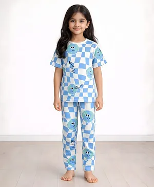 Anthrilo Pure Cotton Knit Half
                              Sleeves Checked & Earth Printed
                              Coordinating Tee & Pant Night Suit -
                              White