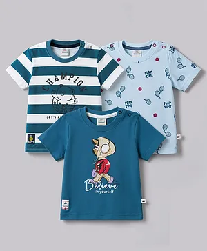 Mini Donuts Sinker Knit Half Sleeves Animal & Sports Printed T-Shirts Pack of 3 - Blue & Offwhite
