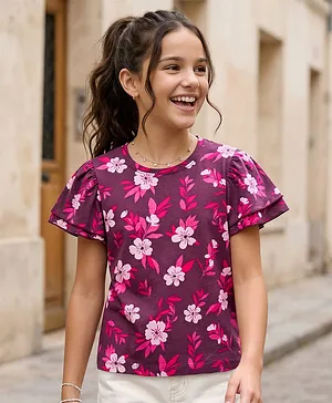 Pine Kids Cotton Knit Half Flutter
                              Top with Floral Print - Multicolor