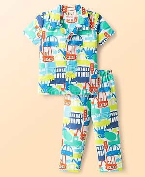 Babyhug Cotton Woven Half Sleeves Co-Ord Shirt & Pyjama Night Suit With Vehicle Print - White