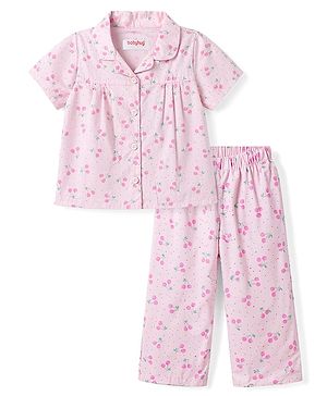 Babyhug Cotton Knit Half Sleeves Top & Pyjama Co-ord Night Suit with Floral Print - Pink