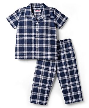 Babyhug Cotton Woven Half Sleeves Shirt & Pyjama Night Suit Print with Checks - Navy