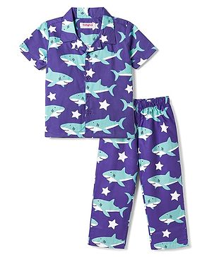 Babyhug Cotton Woven Half Sleeves Shirt & Pyjama Co-ord Night Suit with Shark Print - Purple