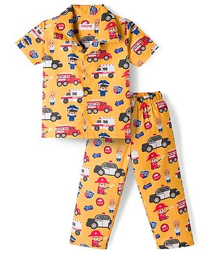 Babyhug Cotton Woven Front Open Half Sleeves Shirt & Pyjama Night Suit Car & Bear  Print - Yellow