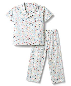 Babyhug Cotton Woven Front Open Half Sleeves Printed Shirt & Pyjama Night Suit - White