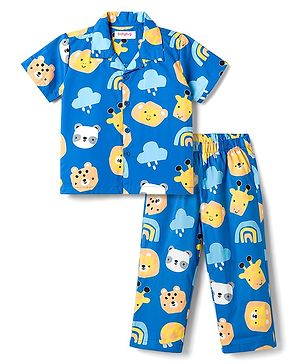 Babyhug Cotton Woven Half Sleeves Shirt & Pyjama Co-ord Night Suit with Animal Print - Blue
