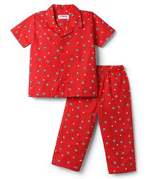 Babyhug Cotton Woven Front Open Half Sleeves Star Printed Shirt & Pyjama Night Suit - Red