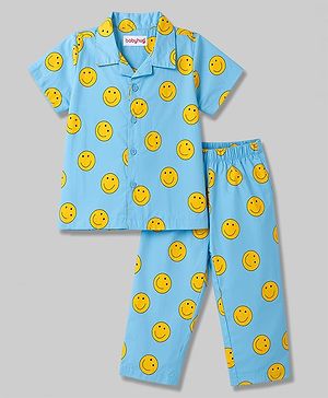 Babyhug Cotton Woven Front Open Half Sleeves Smiley Printed Shirt & Pyjama Night Suit - Blue