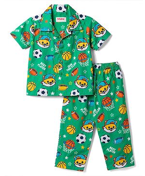 Babyhug Cotton Woven Half Sleeves Animal Printed Co-Ords Shirt & Pyjama Night Suit - Green