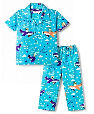 Babyhug Cotton Woven Half Sleeves Shirt & Pyjama Co-ord Night Suit with Animal Print - Blue