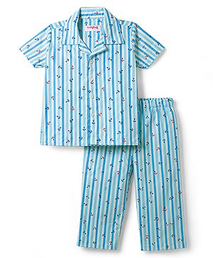 Babyhug Cotton Woven Front Open Half Sleeves Nautical Theme Printed Shirt & Pyjama Night Suit - Blue