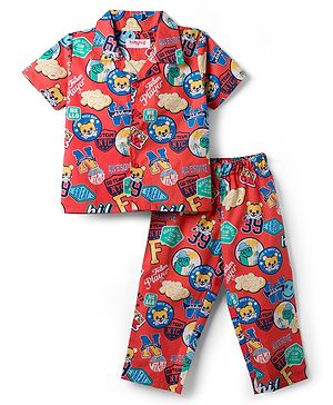 Babyhug Cotton Woven Front Open Half Sleeves Cub Printed Shirt & Pyjama Night Suit - Red