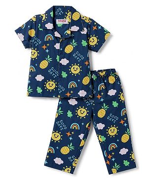 Babyhug Cotton Woven Half Sleeves Woven Half Sleeves Shirt & Pyjama Co-Ord Night Suit With Tropical Theme - Navy Blue
