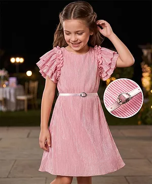 Hola Bonita Knit Frill Sleeves A Line
                              All Over Pleated Party Dress With Foil
                              Print & Belt - Pink