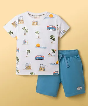Lazy Bones Interlock Knit Half
                              Sleeves T-Shirt & Shorts Set with
                              Beach Print - White