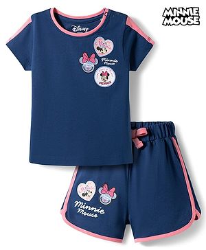 Babyhug Disney Single Jersey Knit Half Sleeves T-Shirt & Shorts Night Suit With Minnie Mouse Applique - Navy Blue