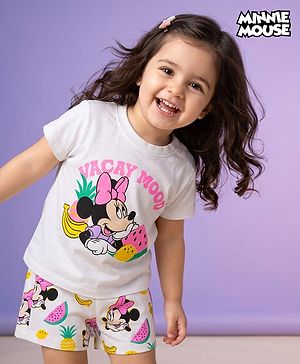 Babyhug Disney Single Jersey Knit Half Sleeves T-shirt & Shorts Night Suit With Minnie Mouse Graphic - White