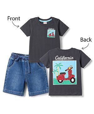 Babyhug Single Jersey Knit Half Sleeves Front & Back Scooter Printed T-Shirt & Denim Shorts Set - Black & Blue