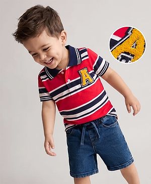 Babyhug Single Jersey Knit Half Sleeves Striped Polo T-Shirt & Shorts Set With Patch - Red & Blue