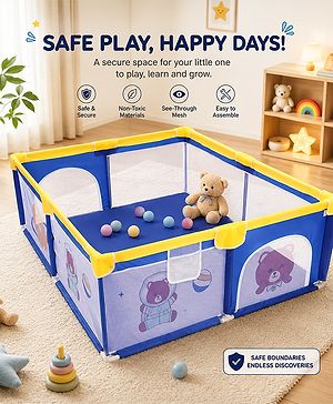 Babyhug Playpen & Play Yard- Blue| 150 x 180 cm Large Play Area| Zipper Door & Toy Pouch| Foldable Indoor & Outdoor Playpen| Safe & Sturdy| for 0-5 Years Boys & Girls| Easy to Assemble