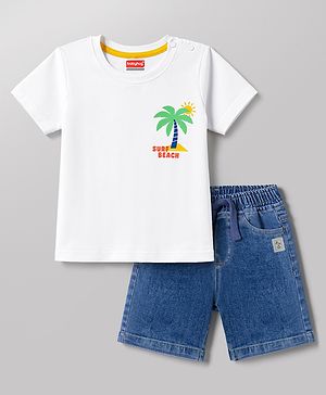 Babyhug Single Jersey Knit Half Sleeves Front & Back Beach Theme Printed T-Shirt & Denim Shorts Set - White & Blue